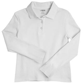 Girls White Long Sleeve Soft Knit Polo with Picot Collar